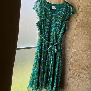 Anthro HD in Paris silk midi dress lined, flutter sleeve, side zip, attached tie